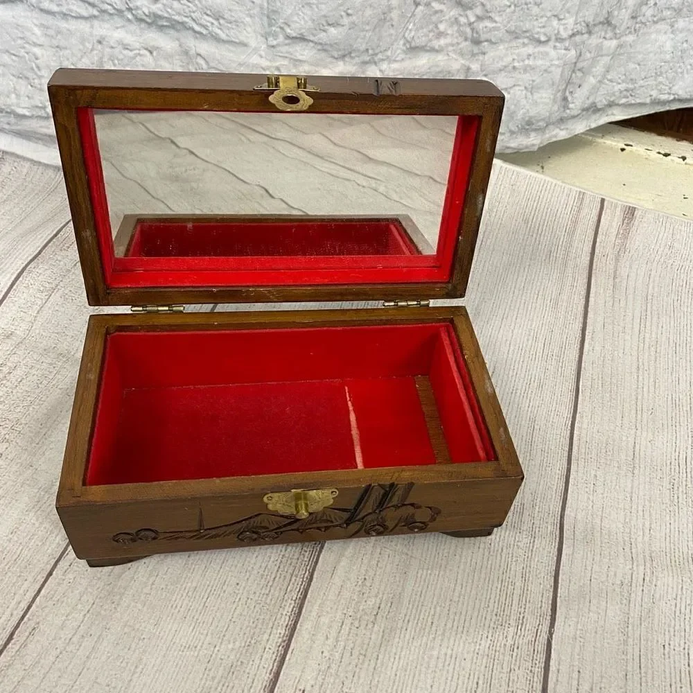 Vintage Wooden jewelry box with engraving and red velvet lining